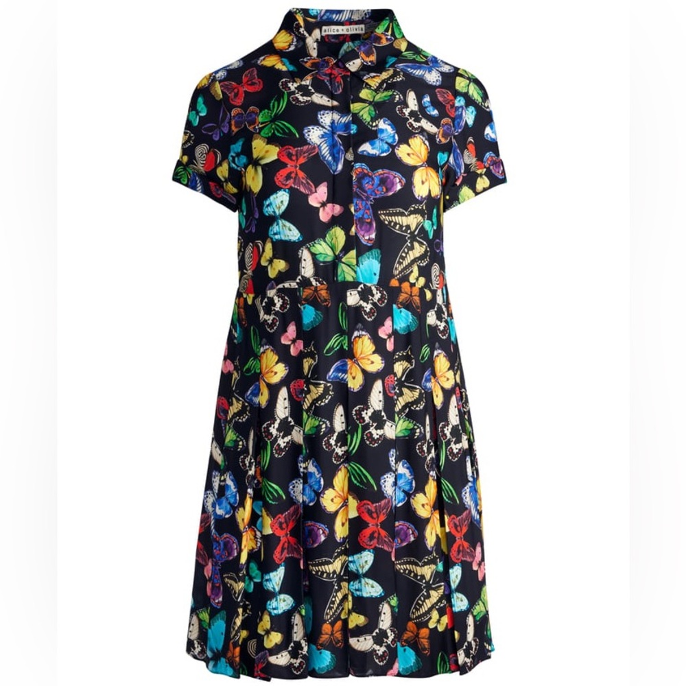 New- Alice + Olivia Tori Short Sleeve Pleated Shirt Dress - Picture 2 of 15